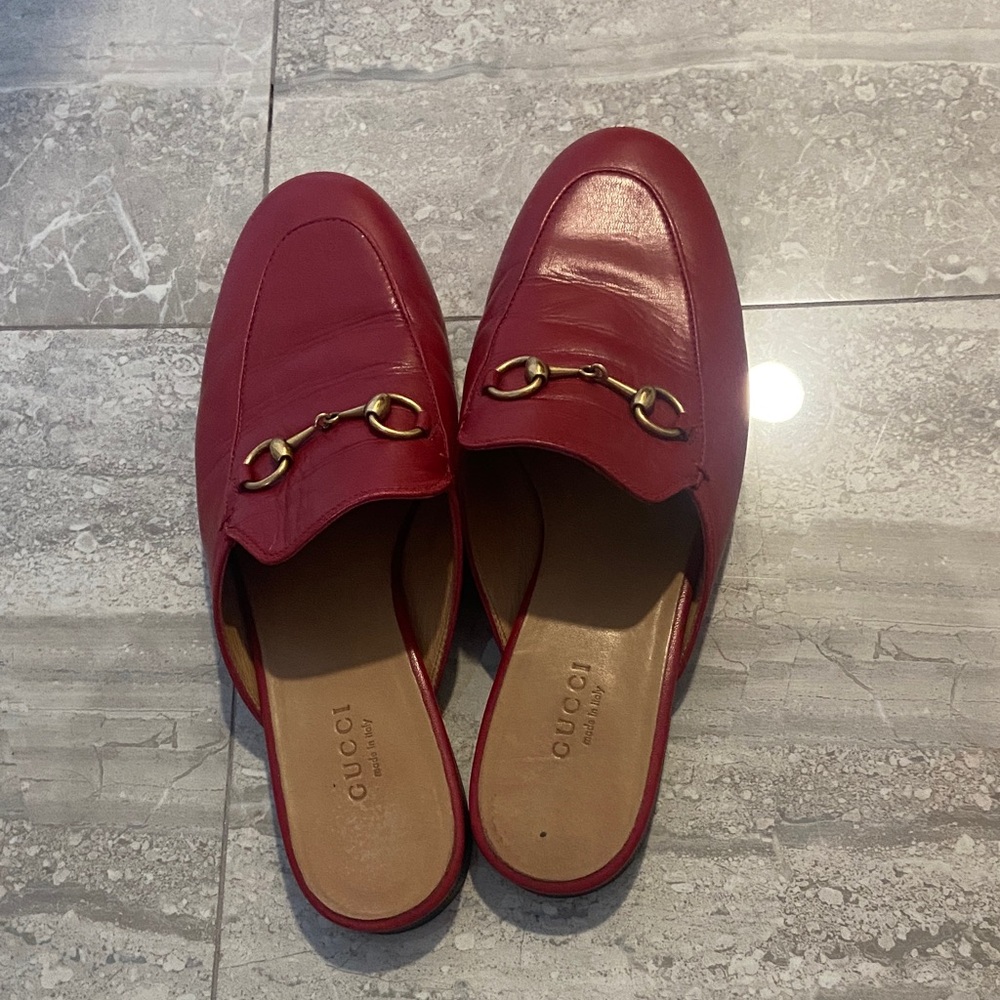 Gucci Crimson Leather Mules with Gold Detail